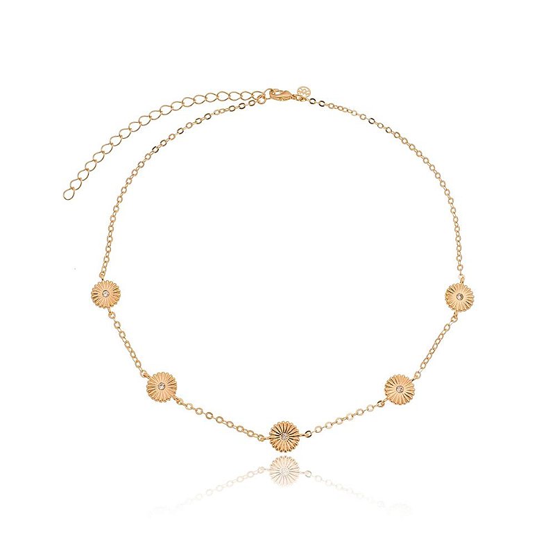 GARGANTILHA FOLHEADA A OURO 18K COM FLORES E ZIRCÔNIAS 40CM