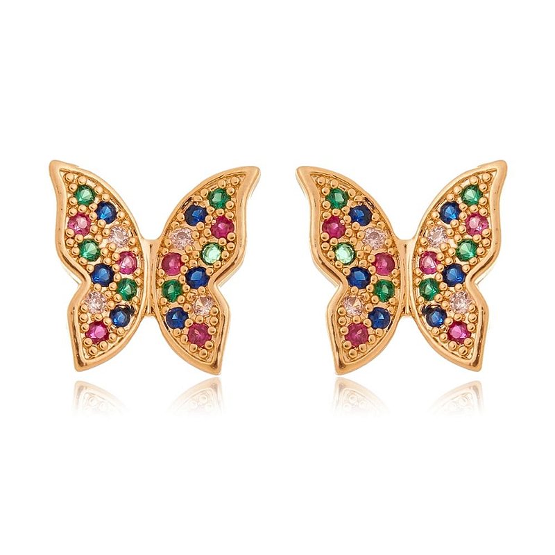 BRINCO BORBOLETA FOLHEADO A OURO 18K COM PEDRAS COLORIDAS