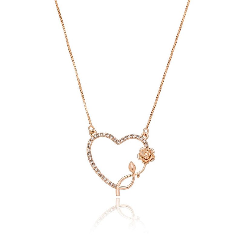 Gargantilha coração com flor folheada a ouro 18k