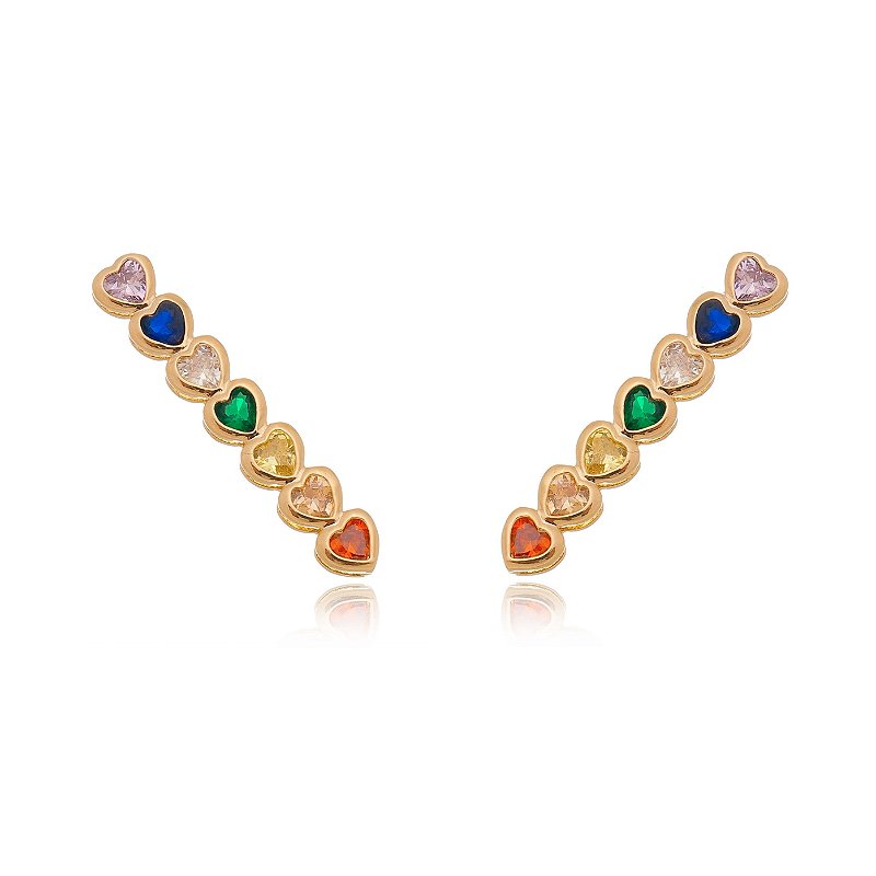 EAR CUFF FOLHEADO A OURO 18K COM CORAÇÕES COLORIDOS
