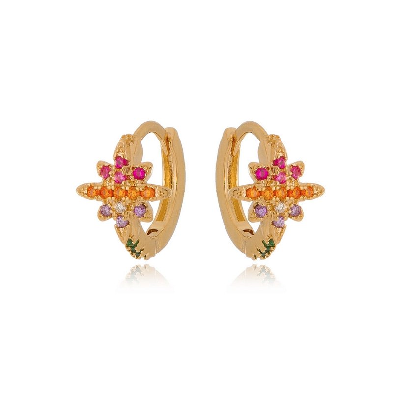 ARGOLA FOLHEADA A OURO 18K COM ESTRELA E PEDRAS COLORIDAS