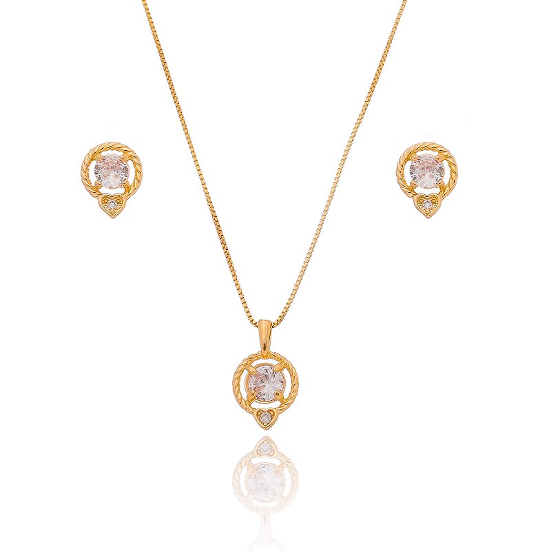 Conjunto redondo com zircônias folheado a ouro 18k