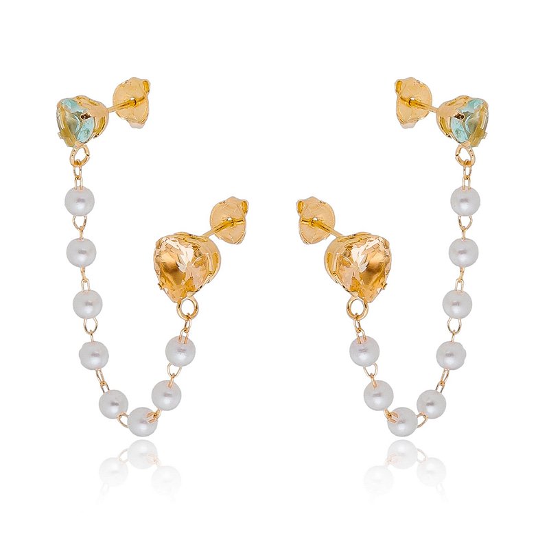 Brinco duplo furo com pérolas folheado a ouro 18k