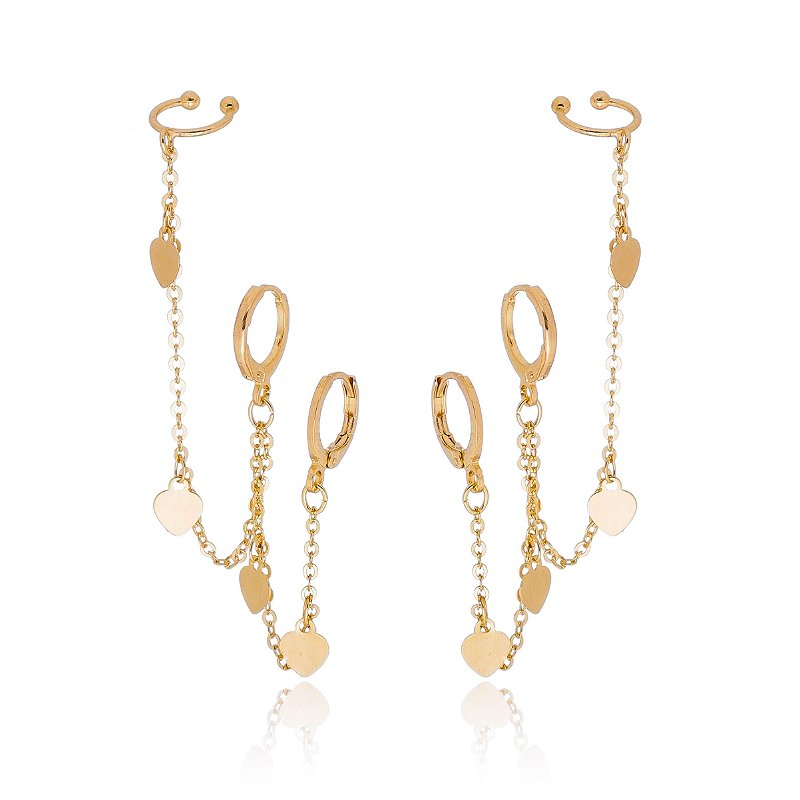 Brinco duplo terceiro furo falso folheado a ouro 18k