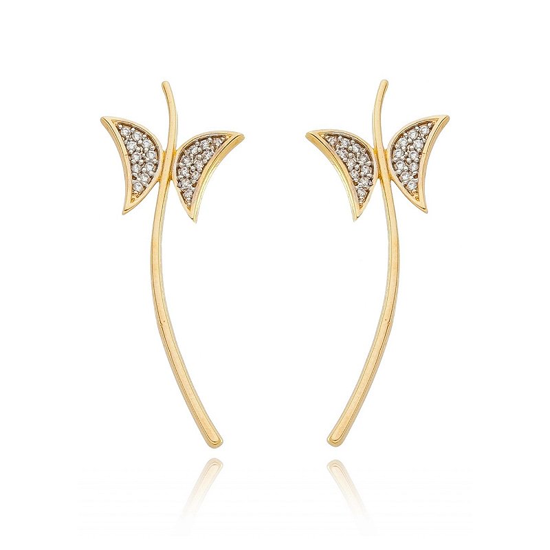 Brinco borboleta com zircônias folheado a ouro 18k