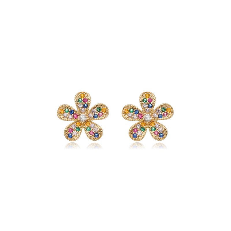 BRINCO DE FLOR CRAVEJADO COM ZIRCÔNIAS COLORIDAS FOLHEADO OURO 18K