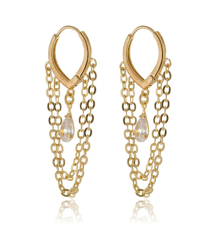 ARGOLA COM ZIRCÔNIAS GOTA SUSPENSAS POR ELOS FOLHEADA OURO 18K