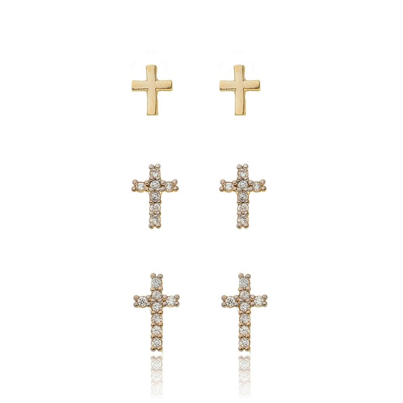 Brinco trio de cruzes com zircônias folheado a ouro 18k