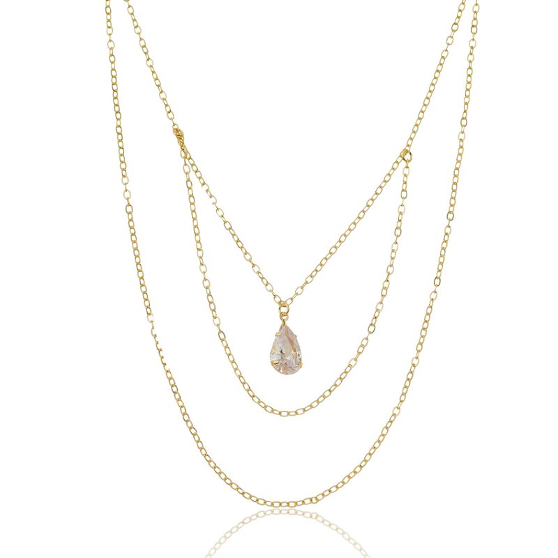 GARGANTILHA CORRENTE EM CAMADAS COM ZIRCÔNIA EM GOTA FOLHEADA OURO 18K