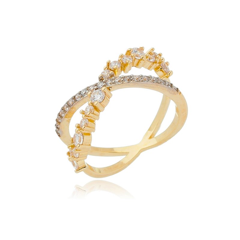 Anel em X com zircônias folheado a ouro 18k