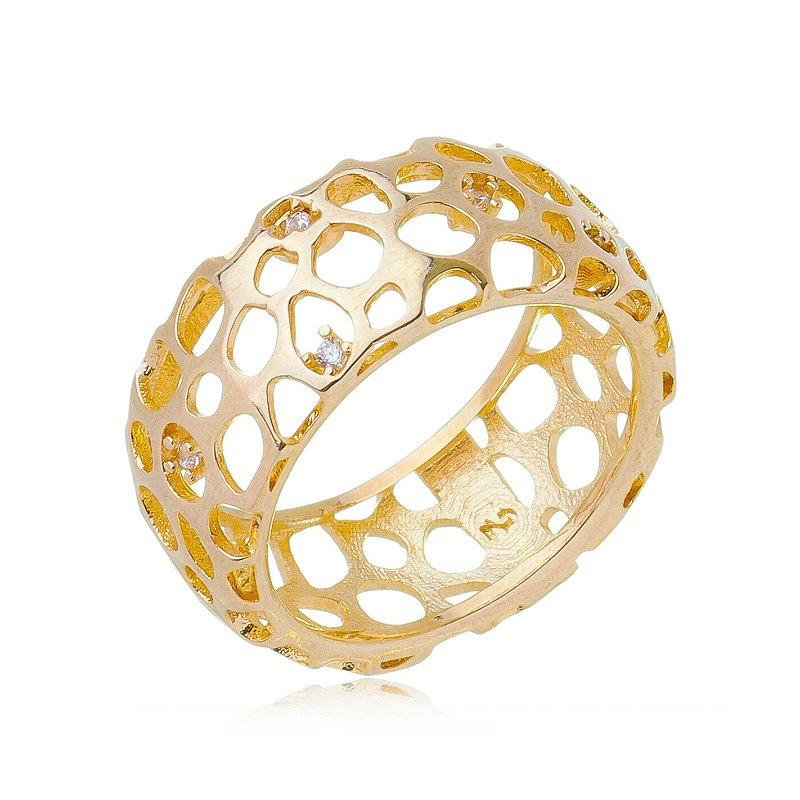 Anel coral com zircônias folheado a ouro 18k