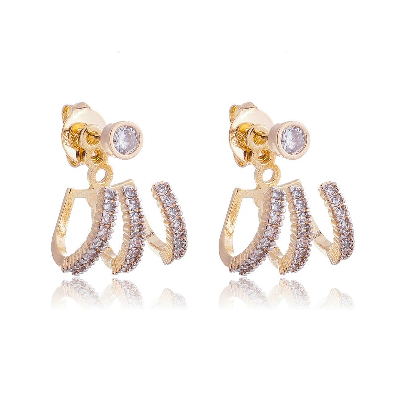 BRINCO DUPLO CRAVEJADO TRÊS ARCOS FOLHEADO OURO 18K