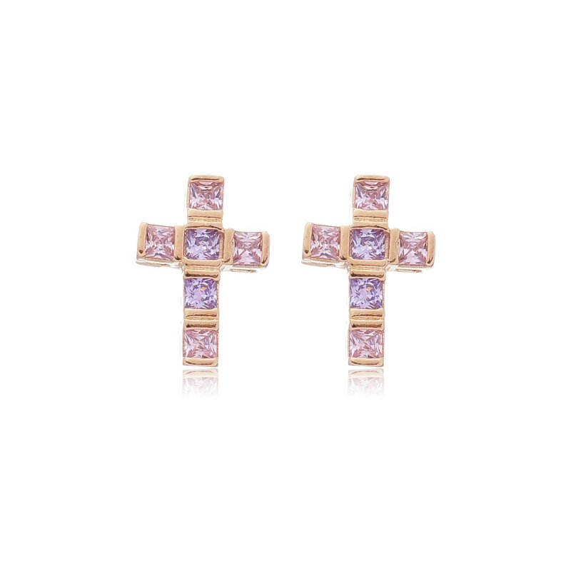 Brinco cruz com zircônias lilás folheado a ouro 18k