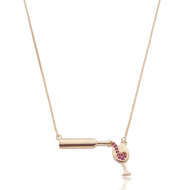 Gargantilha taça e garrafa de vinho folheada a ouro 18k