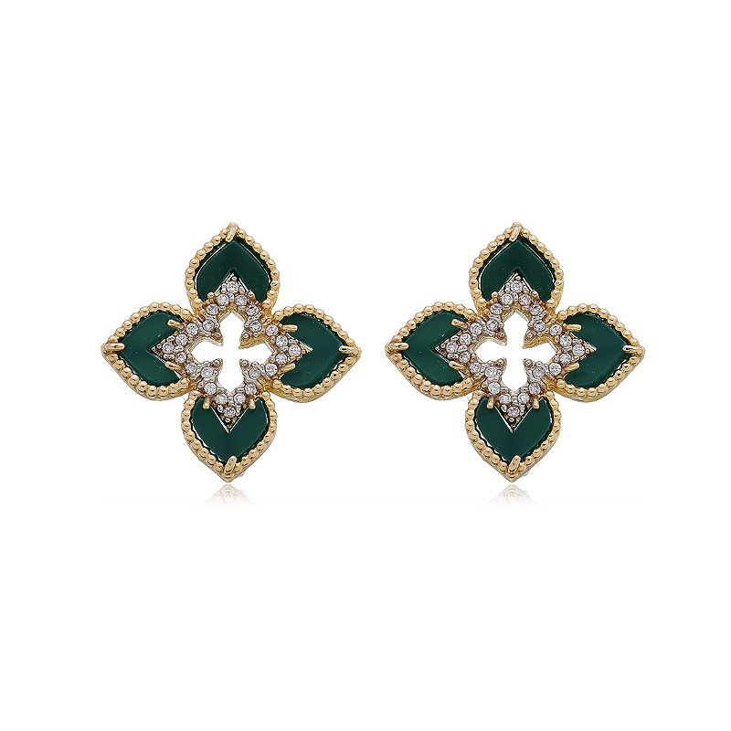 Brinco trevo com zircônias folheado a ouro 18k