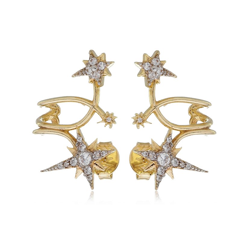 Brinco estrela com zircônias folheado a ouro 18k