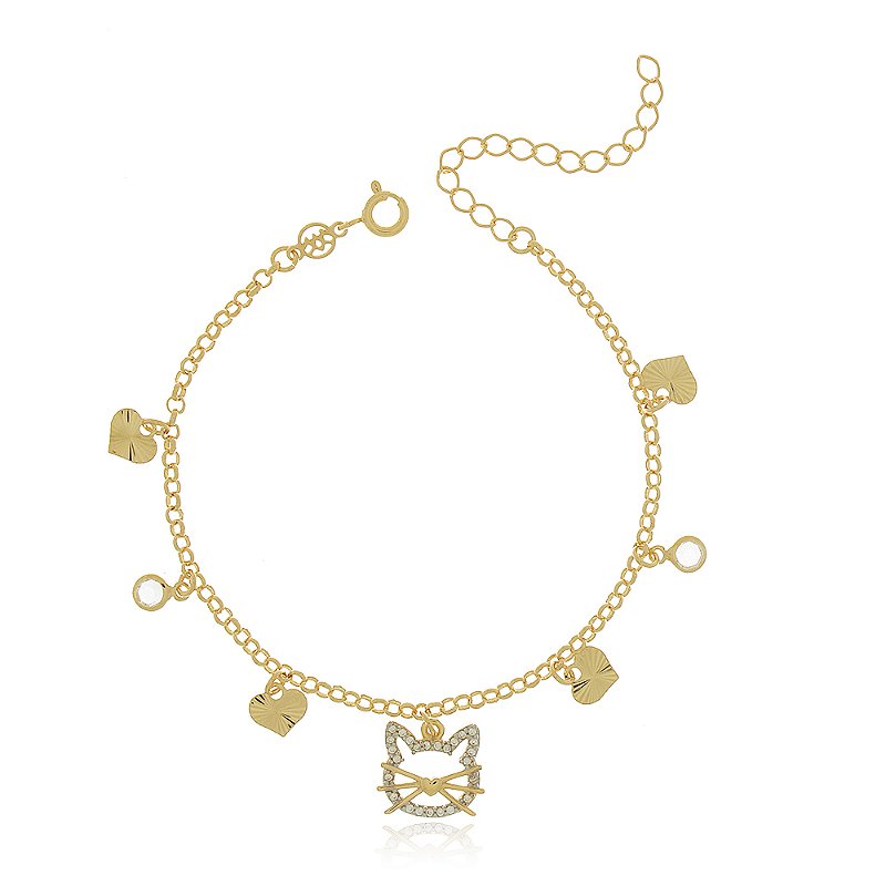 Pulseira gatinho com zircônias folheada a ouro 18k 17cm