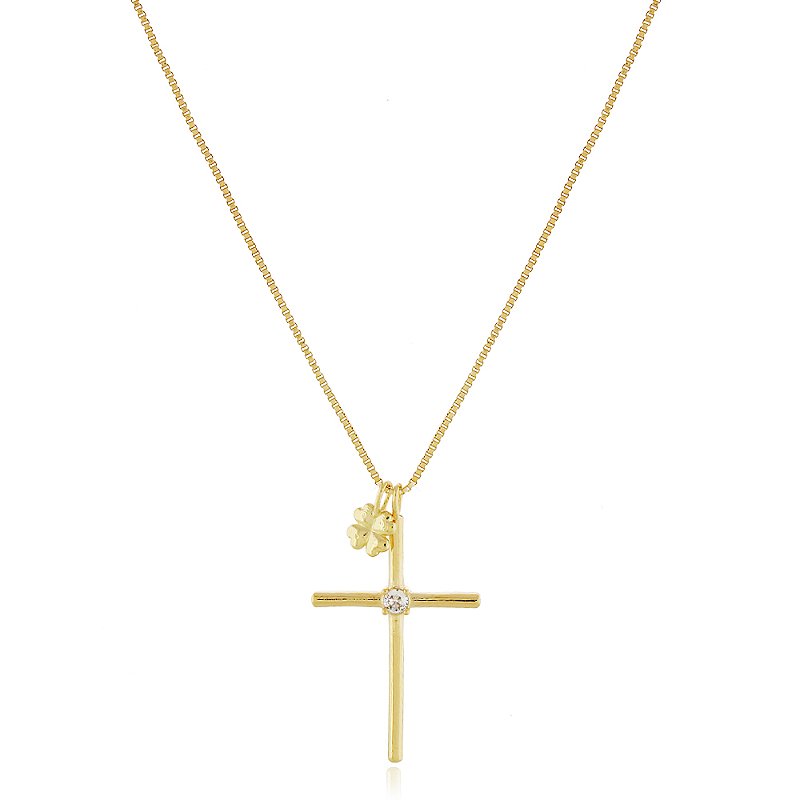 Gargantilha cruz com trevo folheada a ouro 18k