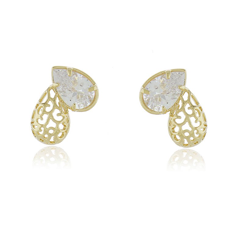 Brinco gotas com zircônia folheado a ouro 18k