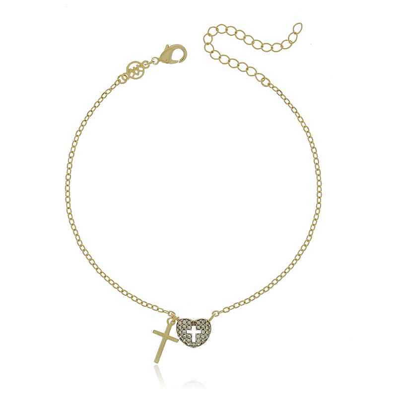 PULSEIRA FOLHEADA A OURO 18K CRUZ E CORAÇÃO COM ZIRCÔNIAS