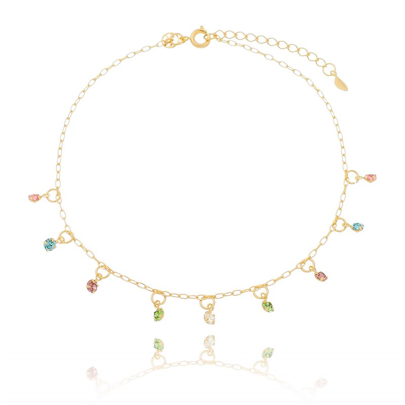 Tornozeleira com cristais coloridos folheada a ouro 18k 22cm