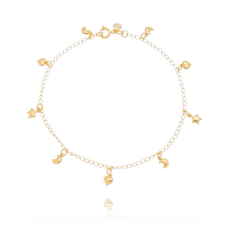 Tornozeleira Lua,Estrela e Coração folheada a ouro 18k 24cm
