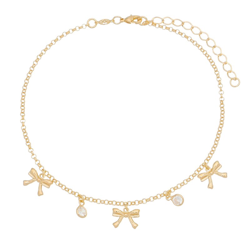 Tornozeleira laço e cristal folheada a ouro 18k 23cm
