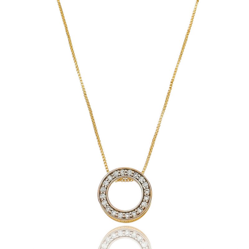 GARGANTILHA PINGENTE REDONDO COM ZIRCÔNIAS FOLHEADA A OUR 18K