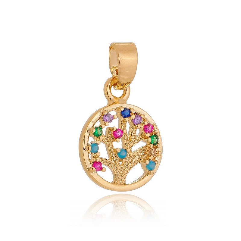 Pingente árvore da vida com zircônias coloridas folheado a ouro 18k