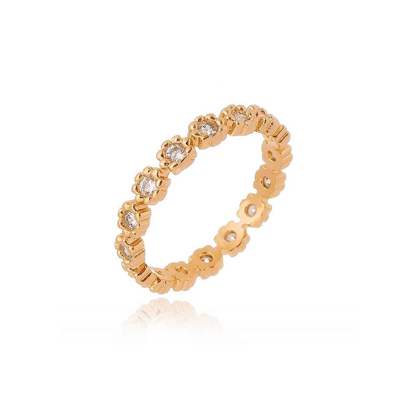 Anel flor com zircônias folheado a ouro 18k