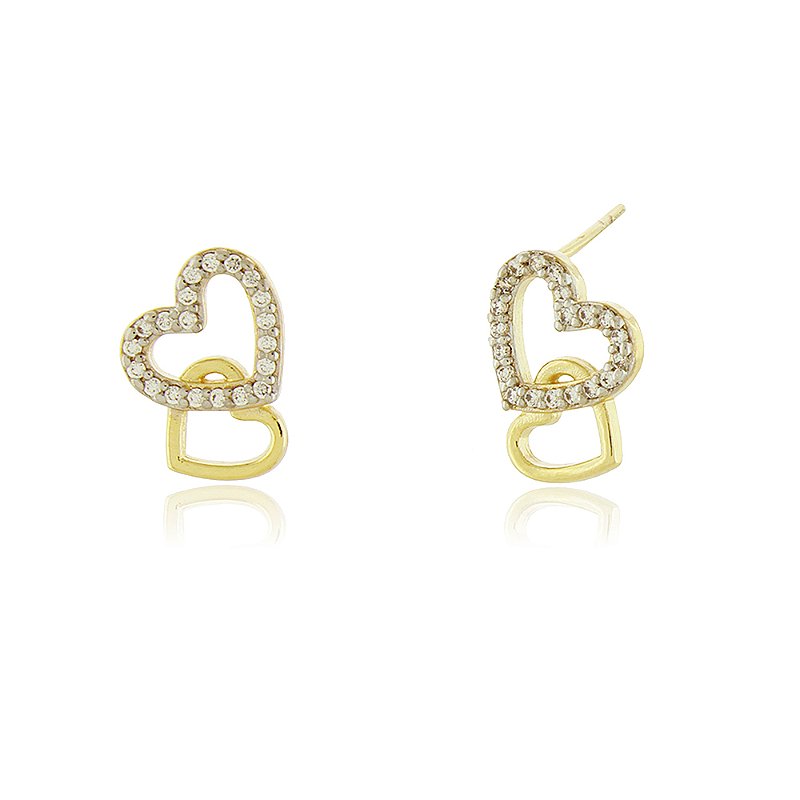 Brinco 2 corações com zircônias folheado a ouro 18k