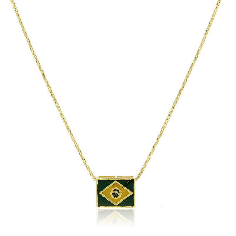 Gargantilha bandeira do Brasil folheado a ouro 18k