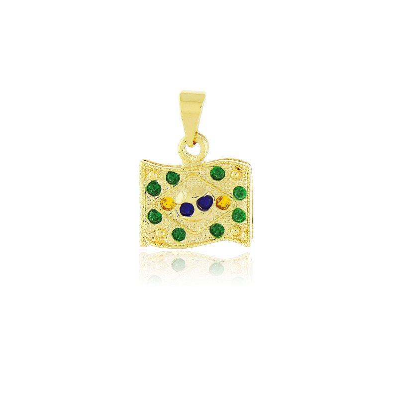 Pingente bandeira do Brasil com zircônias folheado a ouro 18k