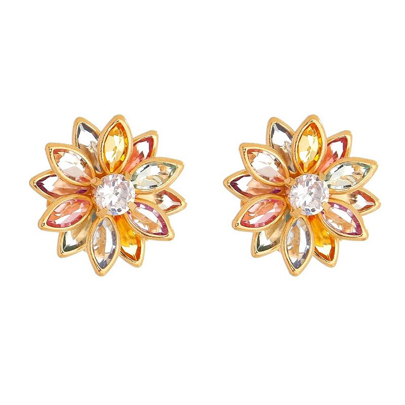 Brinco flor com zircônias coloridas folheado a ouro 18k