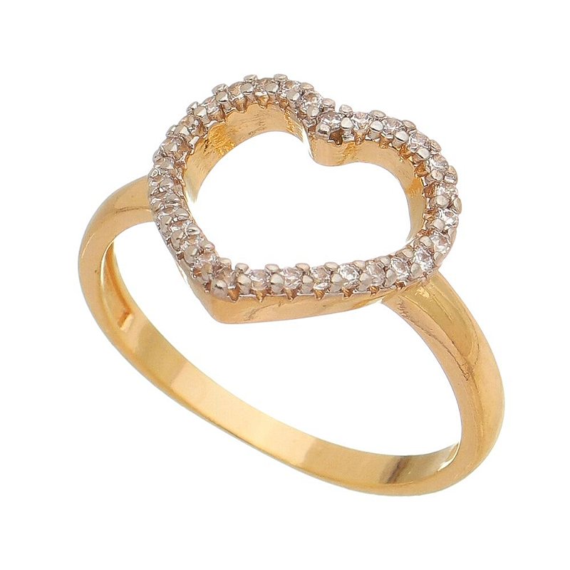 Anel coração com zircônias folheado a ouro 18k