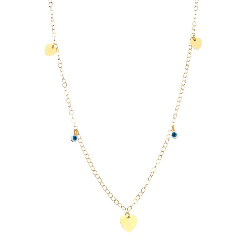 Gargantilha corações e olho grego folheada a ouro 18k 60cm