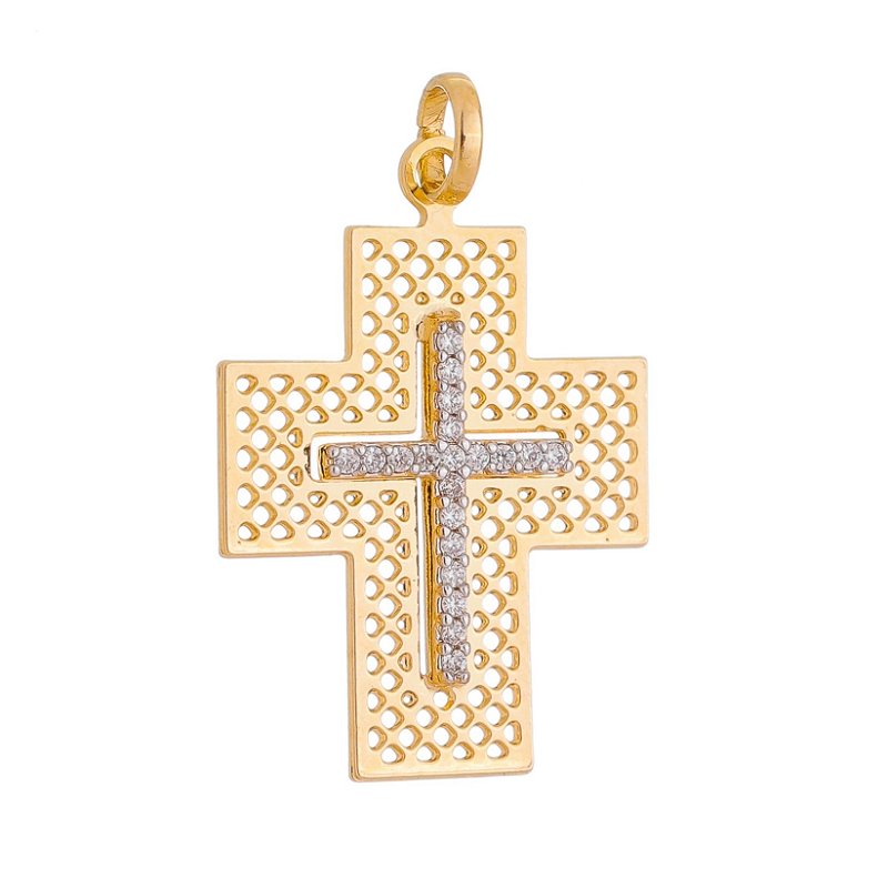 Pingente cruz com zircônias folheado a ouro 18k