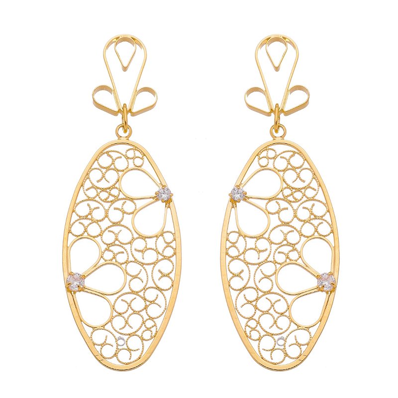 Brinco oval trabalhado folheado a ouro 18k