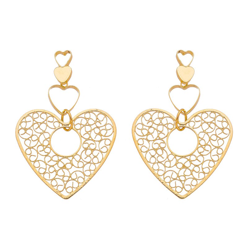 Brinco coração trabalhado folheado a ouro 18k