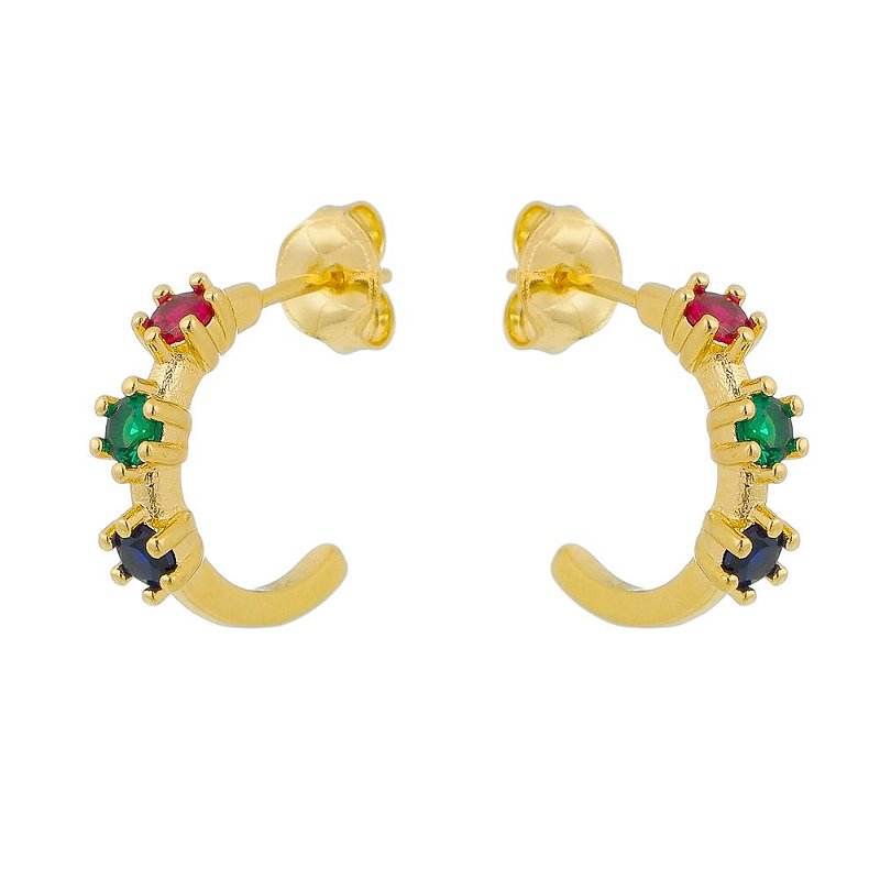 ARGOLA FOLHEADA A OURO 18K COM PEDRAS COLORIDAS