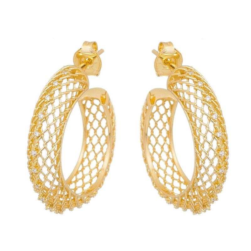 Argola tela com zircônias folheada a ouro 18k