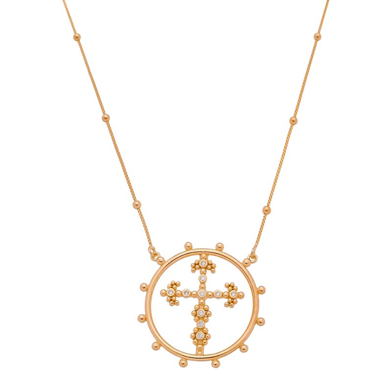 Gargantilha cruz com zircônias folheada ouro 18k