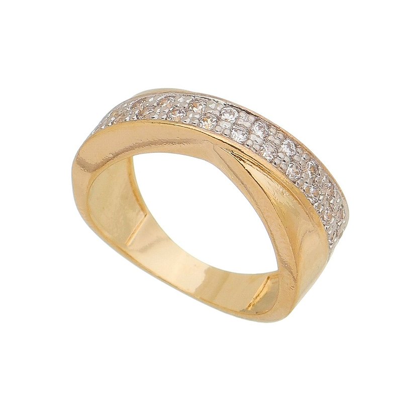 Anel largo com zircônias folheado a ouro 18k