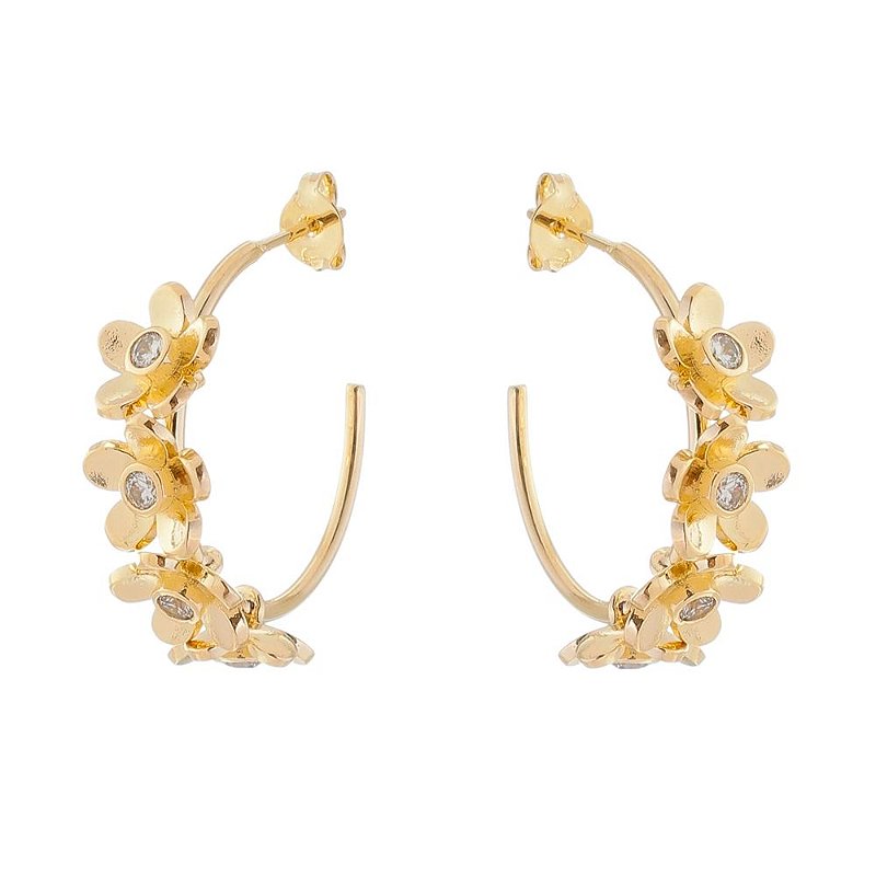 Argola flores com zircônias folheada a ouro 18k