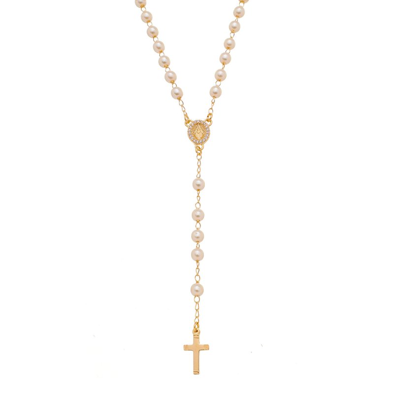 Terço com pérolas folheado a ouro 18k