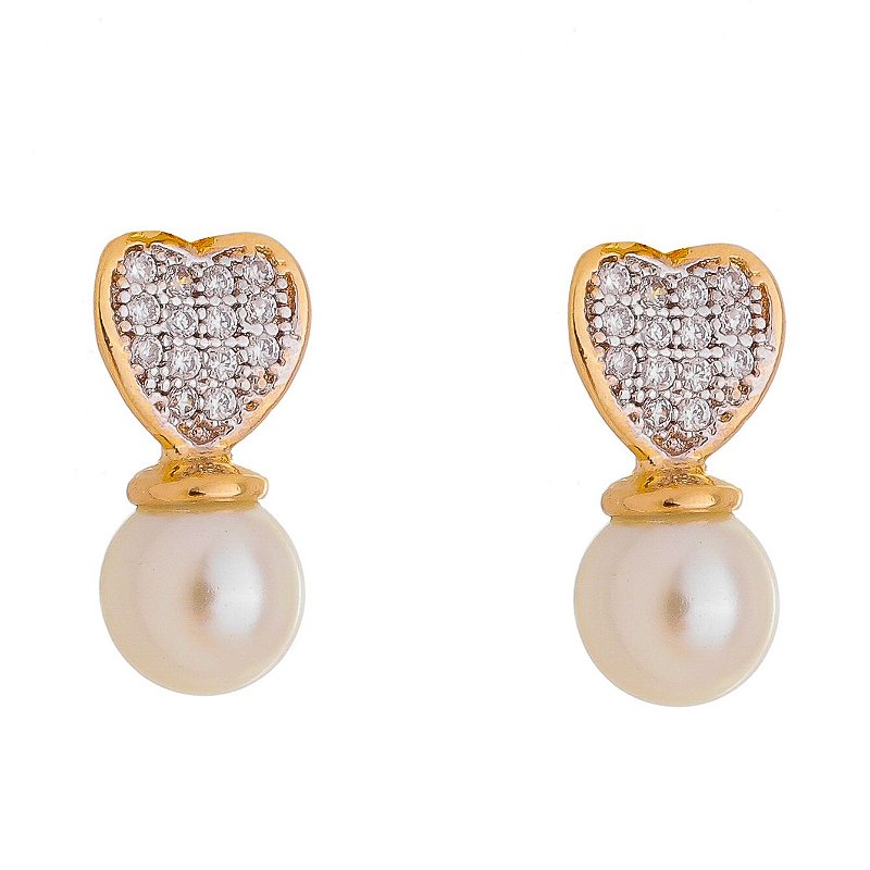 Brinco pérola e zircônia folheado a ouro 18k