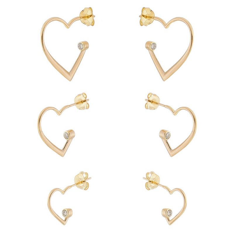 Argolas trio coração com zircônia folheado a ouro 18k