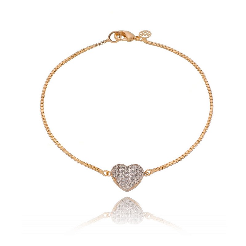 Pulseira coração cravejado com zircônias folheada a ouro 18k 18cm