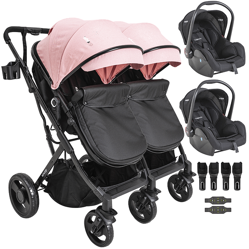 Carrinho Kiddo para Gemeos com 2 Bebe Conforto Vox II Rosa - Maçã