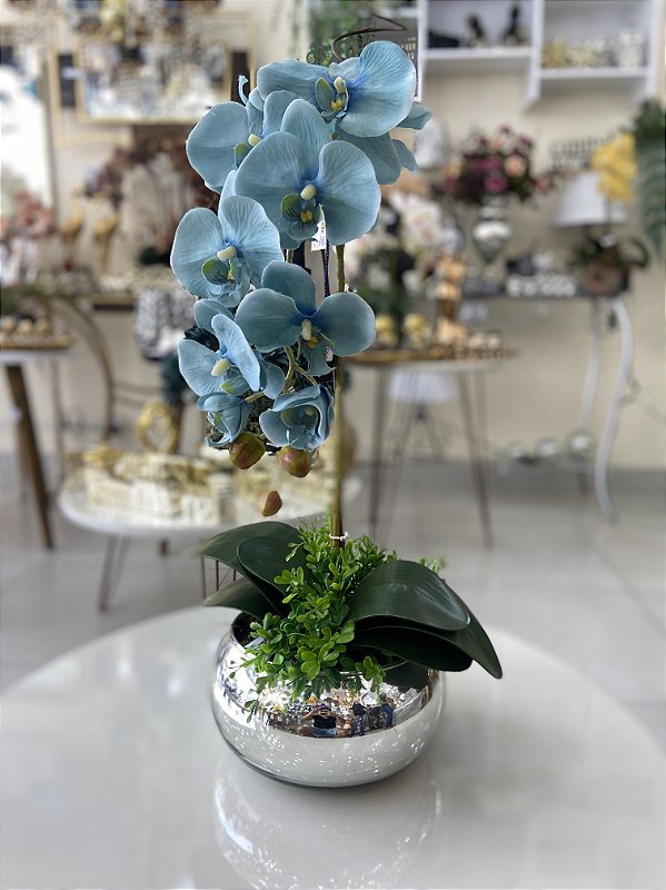Arranjo de Orquídeas (Toque real - lavável) - Vaso Prata Vidro/Flores Azuis  - Lustres Karoline